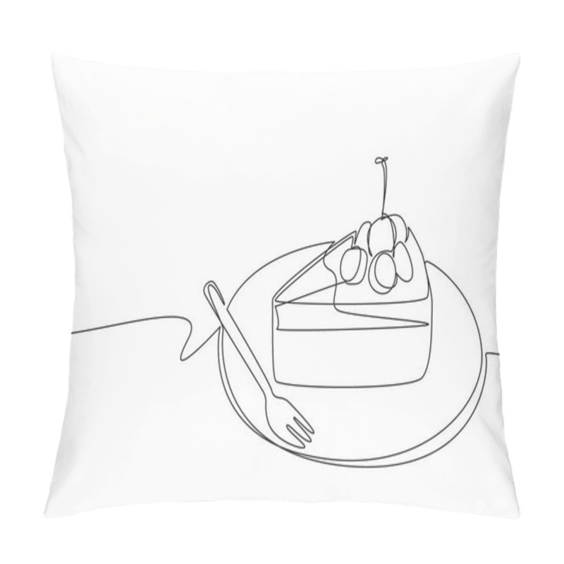 Personality  Continuous One Line Drawing Cherry Cheesecake Cut On A Small Round Plate. Cherry Topping Adds Freshness. Delicious. Tasty. National Cherry Cheesecake Day. Single Line Draw Design Vector Illustration Pillow Covers