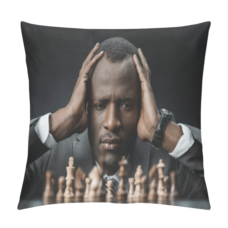 Personality  Confused African American Businessman With Chess Pillow Covers