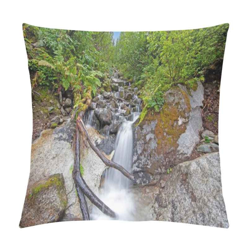 Personality  Small Waterfall With Long Exposure Creating Silky Water Effect In Lush Green Forest Duirng Daytime Pillow Covers