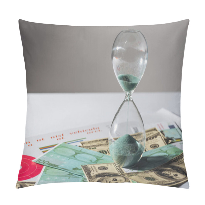 Personality  Hourglass And Coins Staks On Dollar And Euro Banknotes With Grey Background Pillow Covers