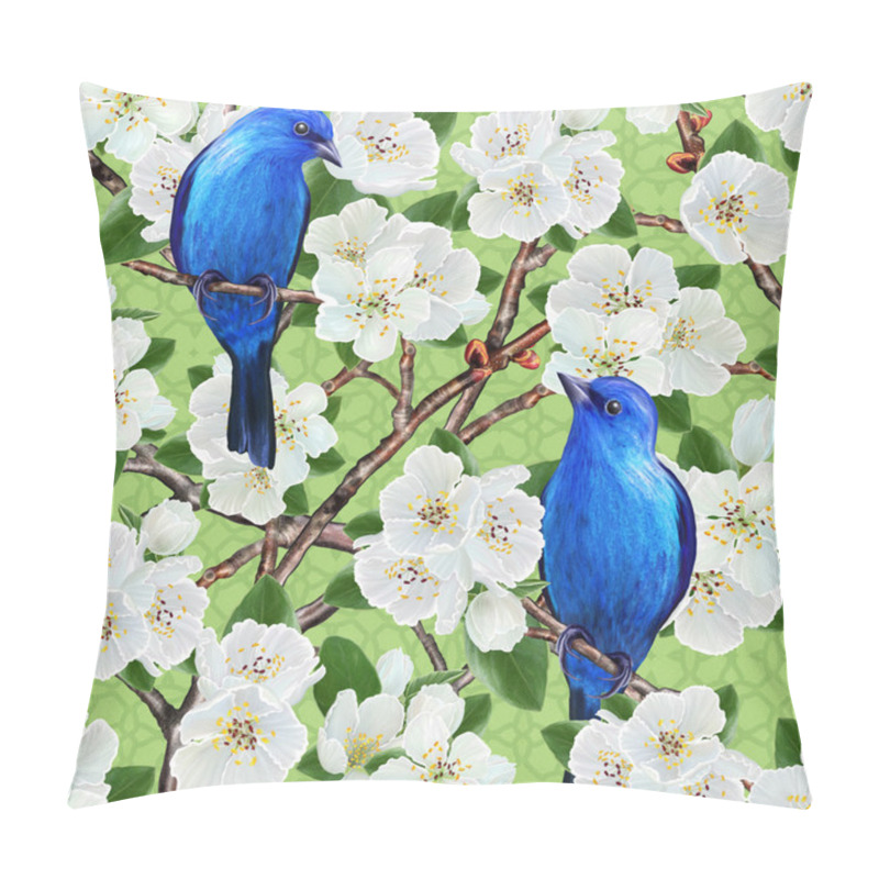 Personality  Floral Background, Pattern, Seamless. Branch Of Flowering Trees. Spring Flowering. White Flowers.Blue Bird. Pillow Covers