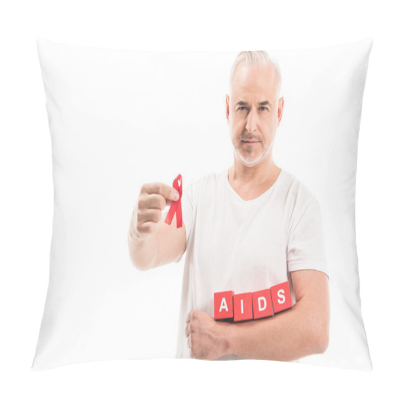 Personality  Mature Man In Blank White T-shirt With Aids Awareness Red Ribbon And Blocks With AIDS Lettering Isolated On White Pillow Covers