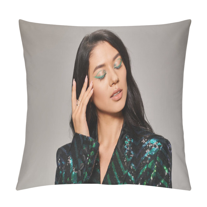 Personality  Attractive Asian Woman In Green Jacket With Sequins And Bold Eye Makeup Posing On Grey Backdrop Pillow Covers