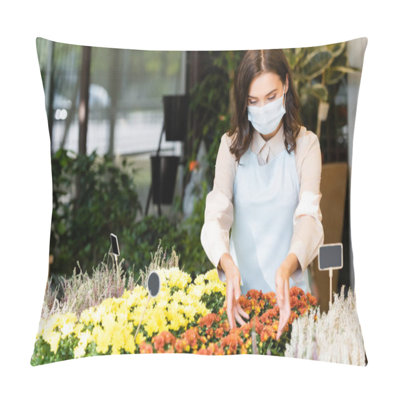 Personality  Young Florist In Medical Mask Caring About Chrysanthemums And Heather In Flower Shop Pillow Covers