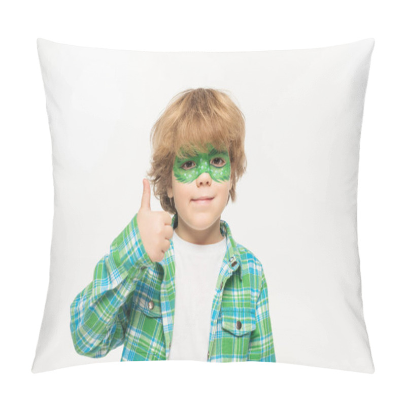 Personality  Cheerful Boy With Gecko Mask Painted On Face Showing Thumb Up While Looking At Camera Isolated On White Pillow Covers