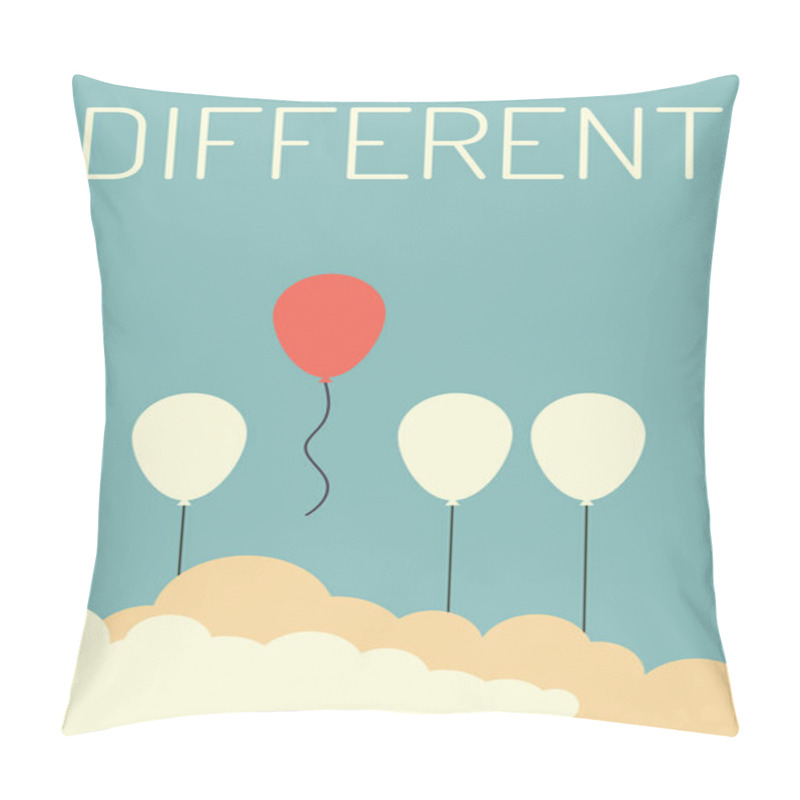 Personality  Minimalist Retro Stile. Stand Out From The Crowd And Different Concept , One Red Balloon Flying Away From Other White Balloons  . Vector Illustration Eps10 Pillow Covers