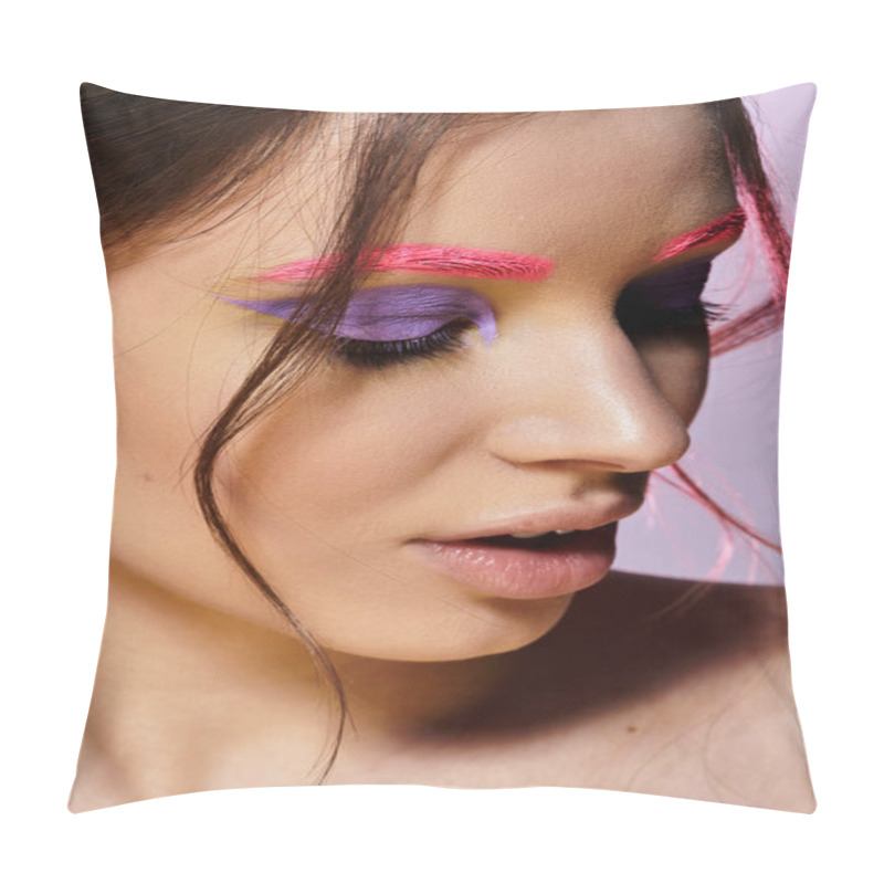 Personality  Pretty Young Woman Showcases Her Unique Style With Bold Makeup Against A Grey Background. Pillow Covers