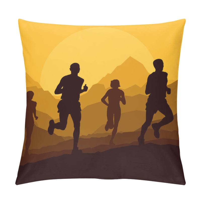 Personality  Marathon Runners In Wild Nature Mountain Landscape Background Pillow Covers