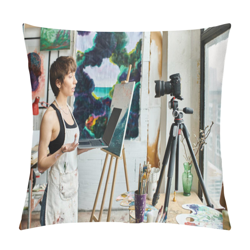 Personality  A Woman Standing In Front Of An Easel With A Painting. Pillow Covers