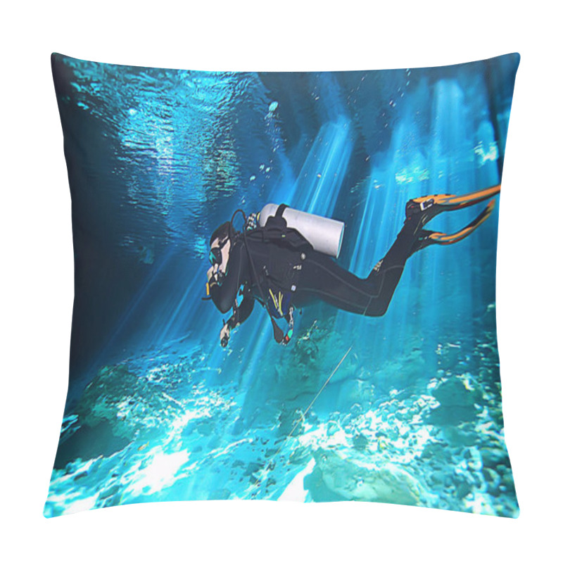 Personality  Cave Diving, Diver Underwater, Dark Cave, Cavern Landscape Pillow Covers