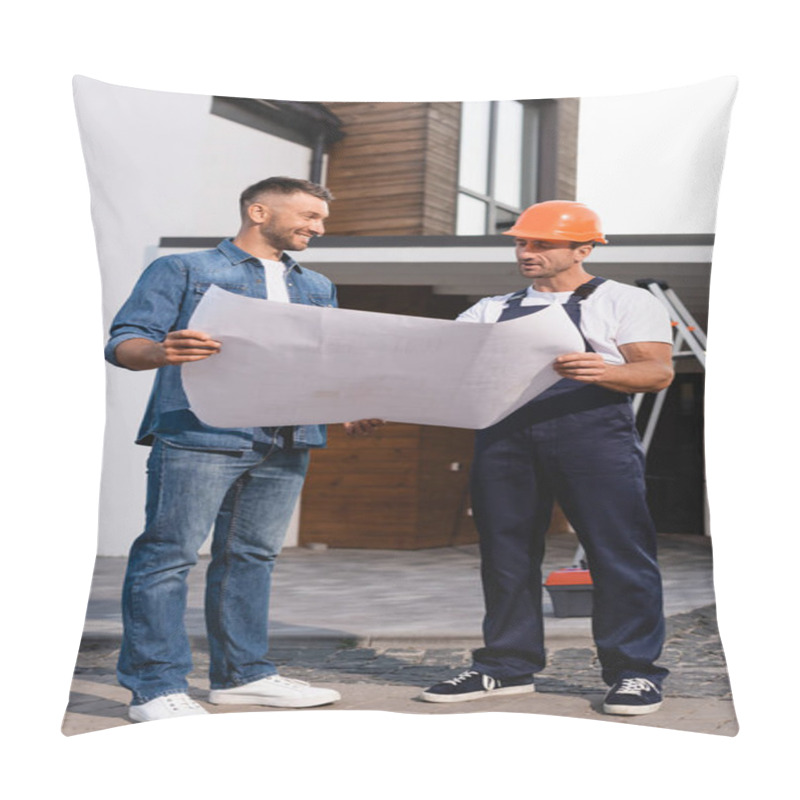 Personality  Builder In Workwear Holding Blueprint With Customer Near Building  Pillow Covers