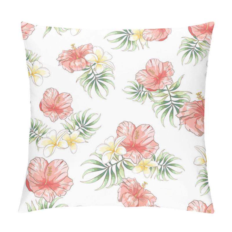 Personality  Seamless Pattern With Hand Drawn Hibiscus , Plumeria Flower And Palm Leaves On White Background, Wallpaper With Tropical Flowers Pillow Covers