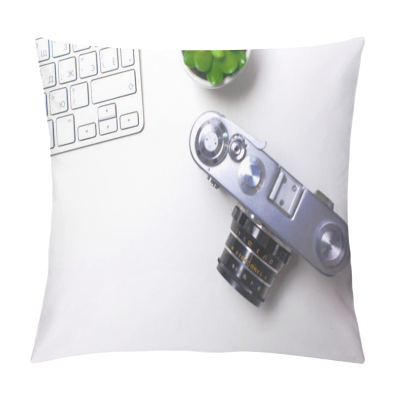 Personality  Top View Of Office Graphic Design Pen Mouse With Laptop Wireless Mouse And Vintage Old Camera On Table Pillow Covers