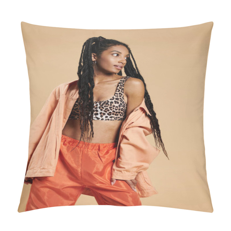 Personality  A Fashionable Young Woman Showcases Her Trendy Outfit With Confidence And Flair. Pillow Covers