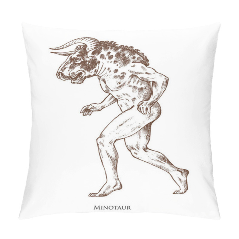 Personality  Mythical Minotaur. Mythological Antique Animal. Ancient Man With A Bulls Head, Fantastic Creatures In The Old Vintage Style. Engraved Hand Drawn Old Sketch. Pillow Covers