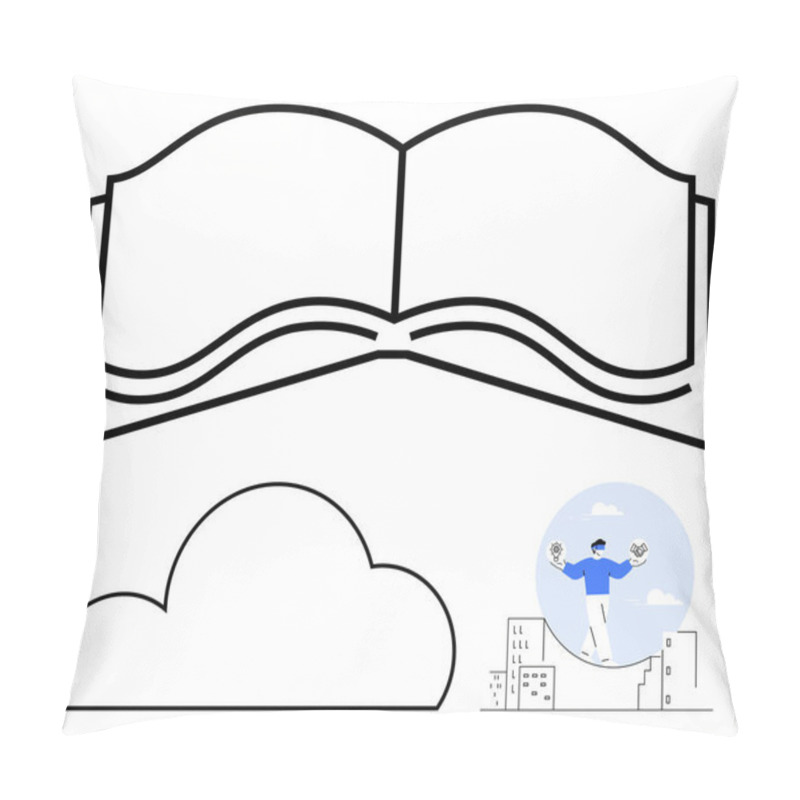 Personality  Open Book Outline, Cloud Shape, And Man Juggling On Buildings. Ideal For Education, Cloud Computing, Storytelling, Creativity, Urban Life Goal Setting And Optimism Themes. Line Metaphor Pillow Covers