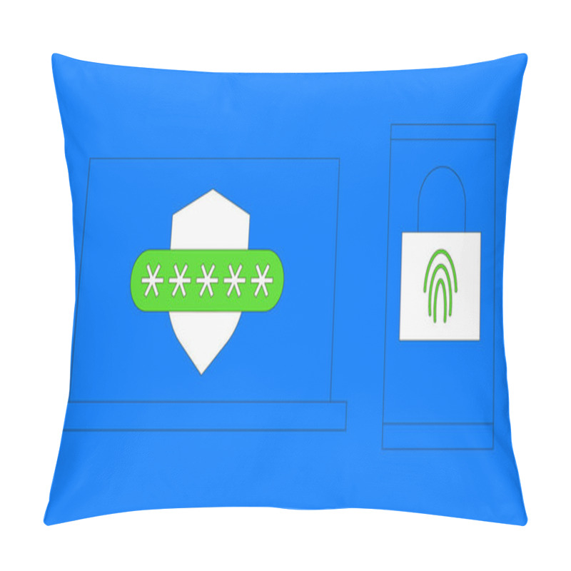 Personality  Two Steps Authentication Vector Illustration. Multi Factor Verification By Smartphone Concept. Laptop Screen With Shield And Password. Phone Screen With Padlock And Biometric Fingerprint Scanner. Pillow Covers