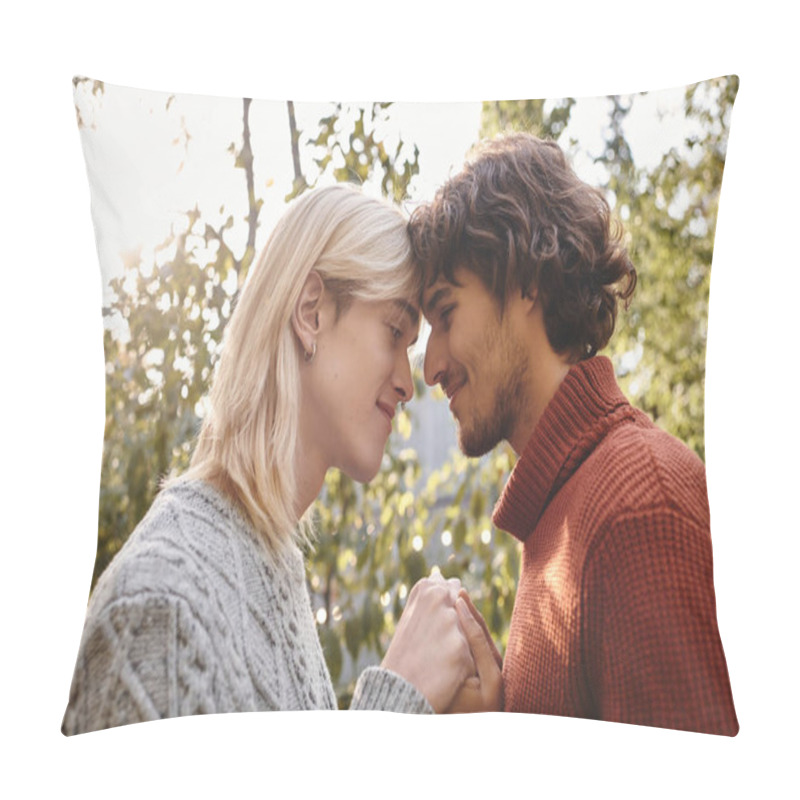 Personality  Two Young And Attractive People Share A Tender Moment Amidst Vibrant Autumn Leaves. Their Connection Shines Through As They Hold Hands And Smile At One Another, Surrounded By Natures Beauty. Pillow Covers