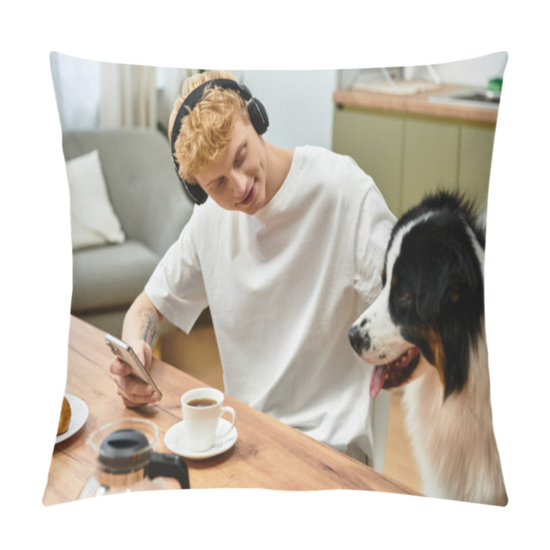 Personality  A Young Redhead Sips Coffee While Bonding With His Playful Australian Shepherd In An Apartment. Pillow Covers