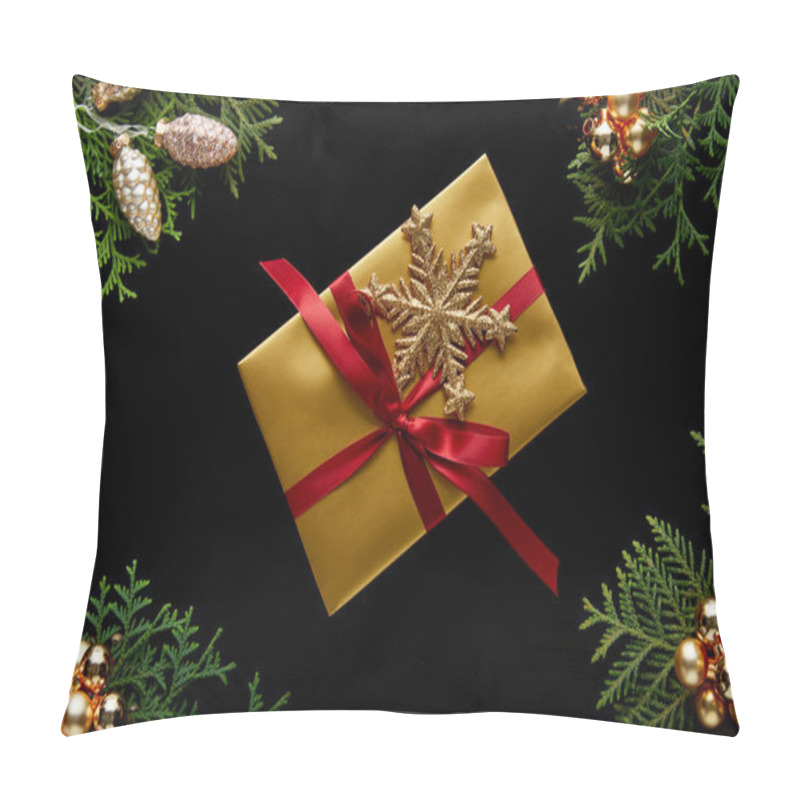 Personality  Top View Of Shiny Golden Christmas Decoration, Green Thuja Branches And Gift Isolated On Black Pillow Covers