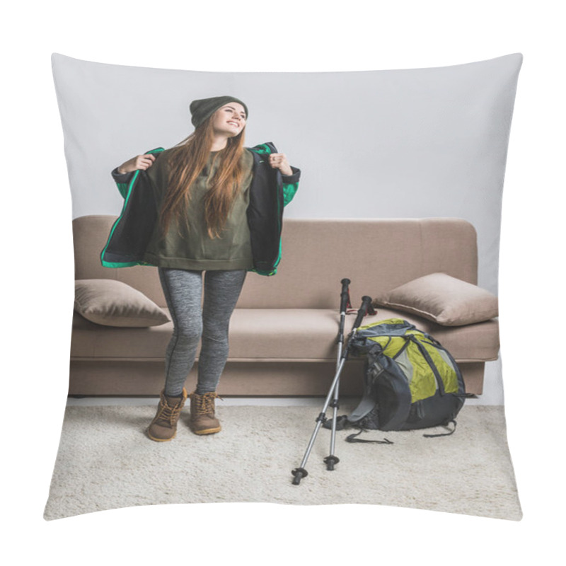 Personality  Happy Woman In Warm Clothing With Backpack And Hiking Equipment At Sofa Pillow Covers