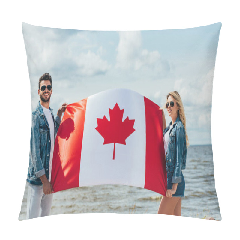 Personality  Attractive Woman And Handsome Man Smiling And Holding Canadian Flag  Pillow Covers