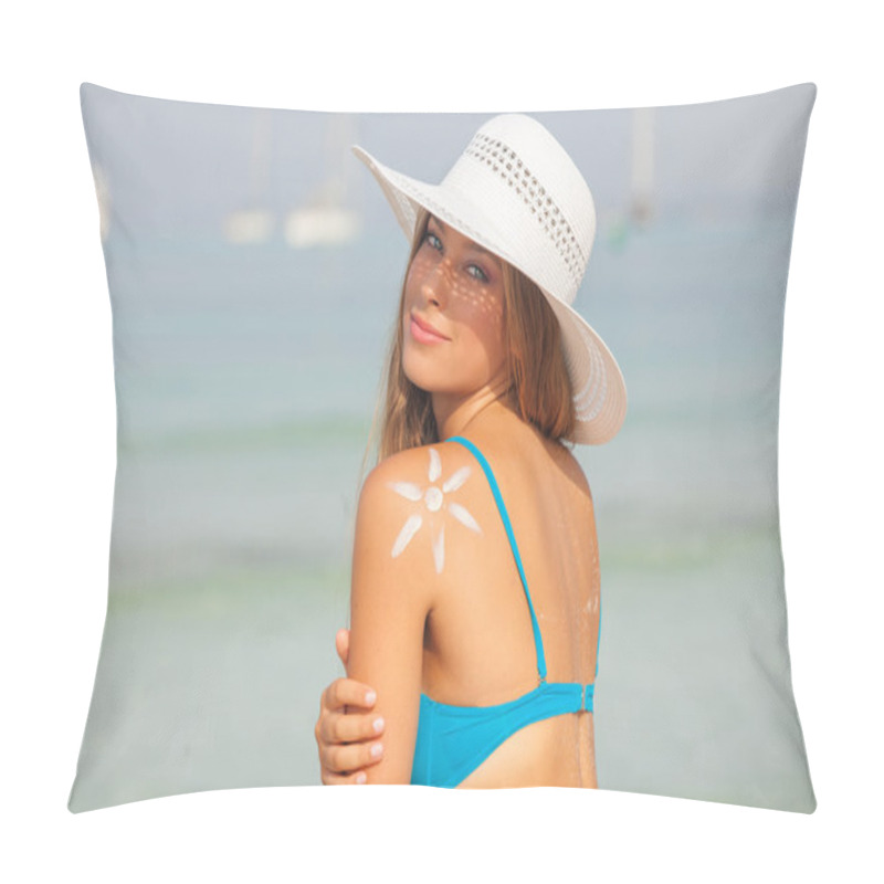 Personality  Concept For Safe Sunbathing, Woman With Sun Cream Pillow Covers