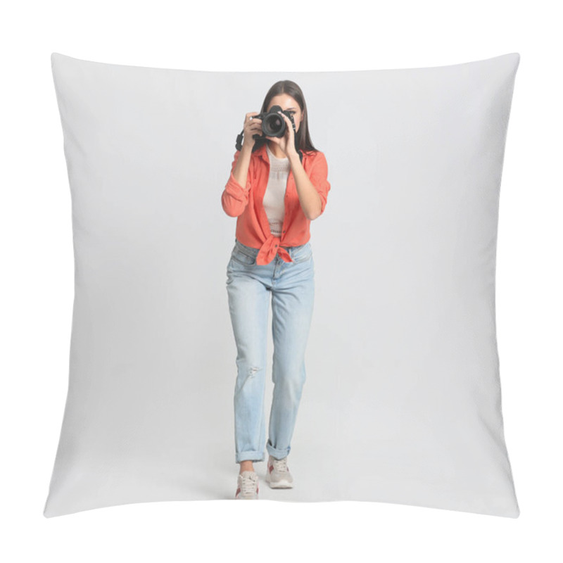 Personality  Professional Photographer Working On White Background In Studio Pillow Covers