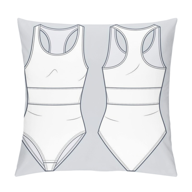 Personality  Swimsuit, Bodysuit Technical Fashion Illustration. One-Piece Swimsuit Fashion Flat Technical Drawing Template, Front And Back View, White Color, Women, Men, Unisex Underwear CAD Mockup. Pillow Covers