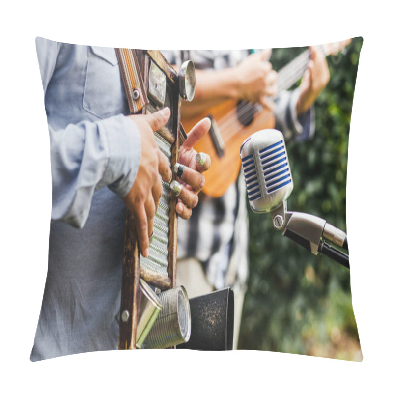 Personality  Latin Musicians Playing Percussion Instrument And Guitar At The Street In Mexico Pillow Covers