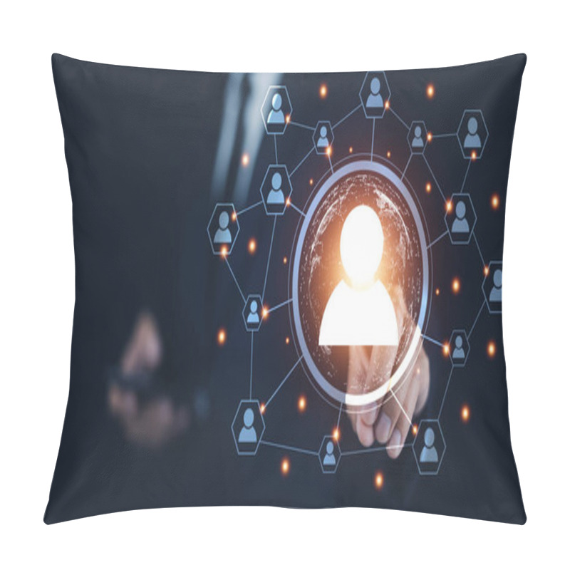 Personality  Businesspeople Touching On Screen To Target Customer. Target Customer, Buyer Persona, Customer Behavior Concept. Marketing Plan And Strategies. Personalization Marketing, Customer Centric Strategies. Pillow Covers