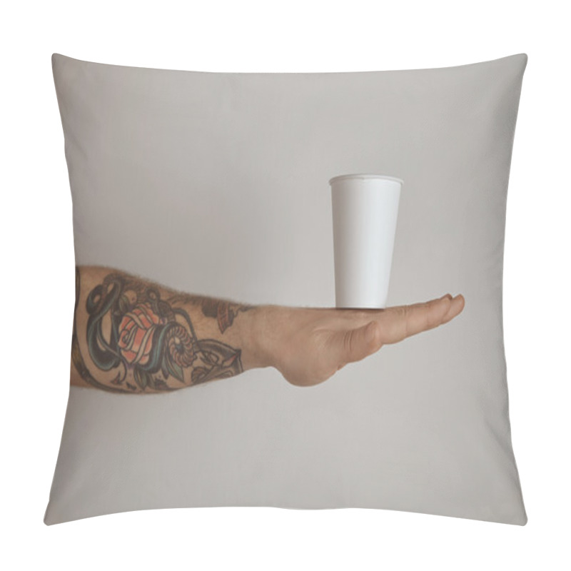 Personality  Blank Paper Glass On Tattooed Hand Isolated White Pillow Covers