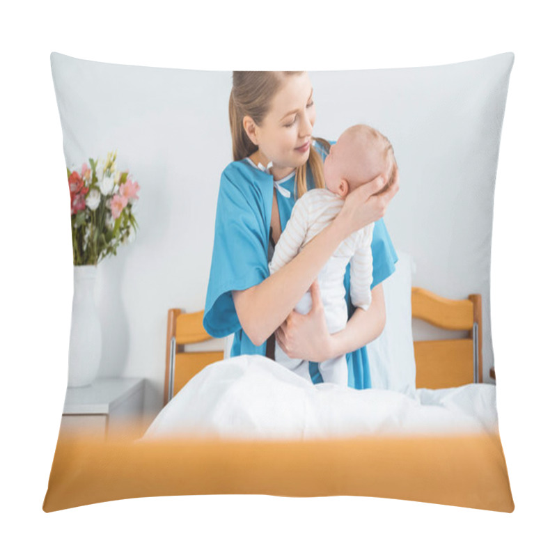 Personality  Selective Focus Of Young Mother Sitting On Hospital Bed With Cute Newborn Baby Pillow Covers