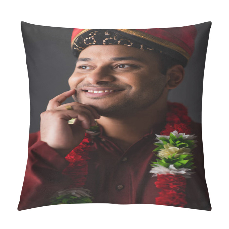 Personality  Indian Man In Turban And Floral Garland Looking Away Isolated On Grey  Pillow Covers