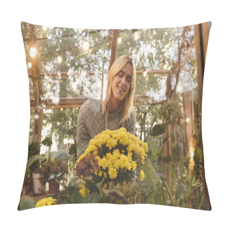 Personality  Bright Blossoms Fill The Air With Hope As A Young Man Smiles Softly While Tending To A Bouquet. Surrounded By Greenery, He Finds Joy In Natures Beauty During A Tranquil Afternoon. Pillow Covers