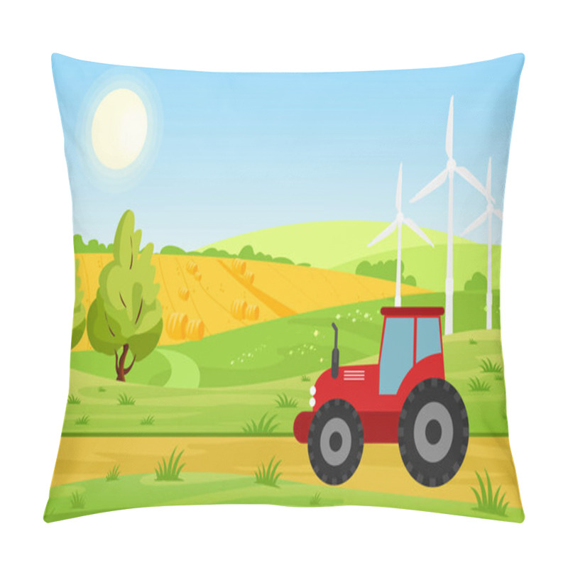 Personality  Vector Illustration Of Village With Fields And Tractor Working On Farmed Land, Bright Colors Landscape, Farm Concept In Cartoon Flat Style. Pillow Covers