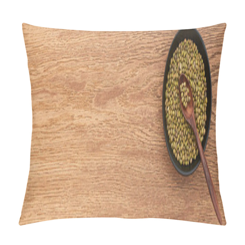 Personality  Panoramic Shot Of Bowl With Green Beans With Spoon On Wooden Surface Pillow Covers