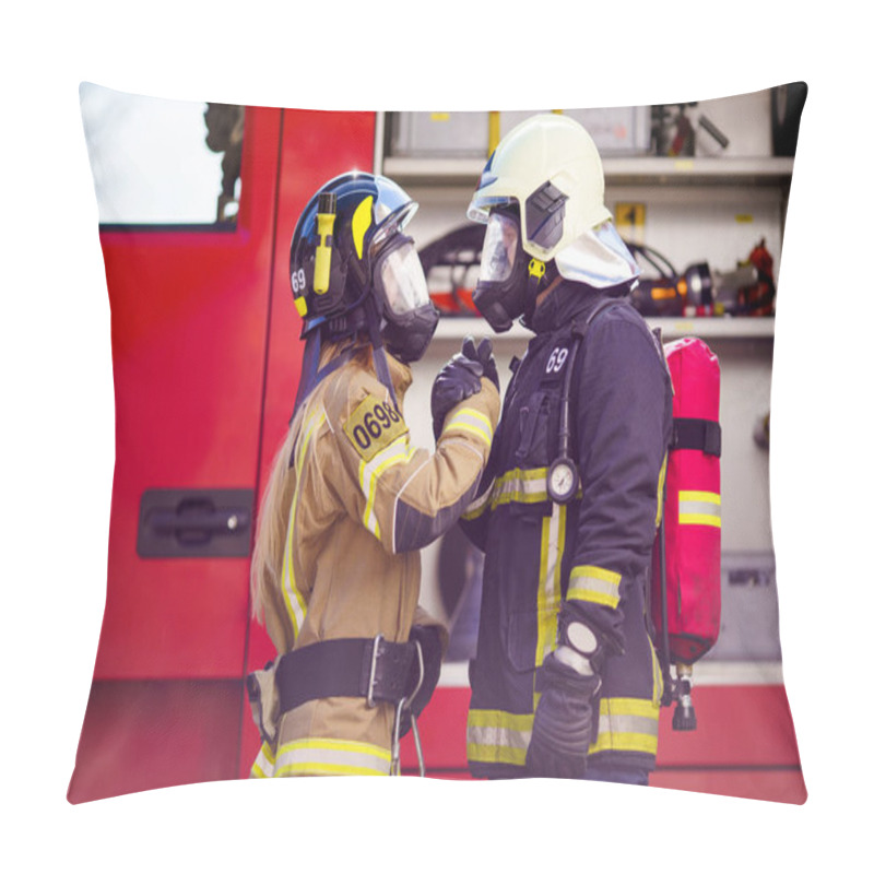 Personality  Image Of Firefighters Women And Men In Helmet And Mask Looking At Each Other And Doing Handshake Near Fire Truck Pillow Covers