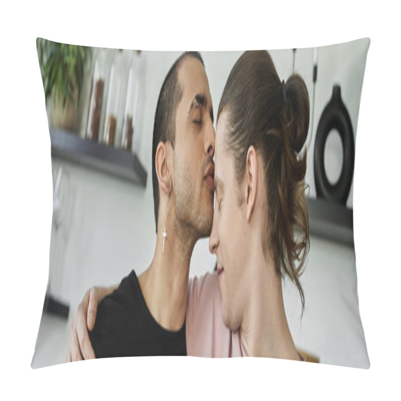 Personality  A Young Gay Couple Shares A Loving Moment In A Modern Home, Their Love Shining Through In A Tender Embrace. Pillow Covers