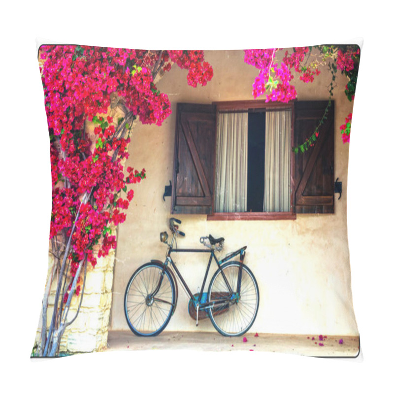 Personality  Blooming Purple Tree And Old Bike In Retro Style Pillow Covers