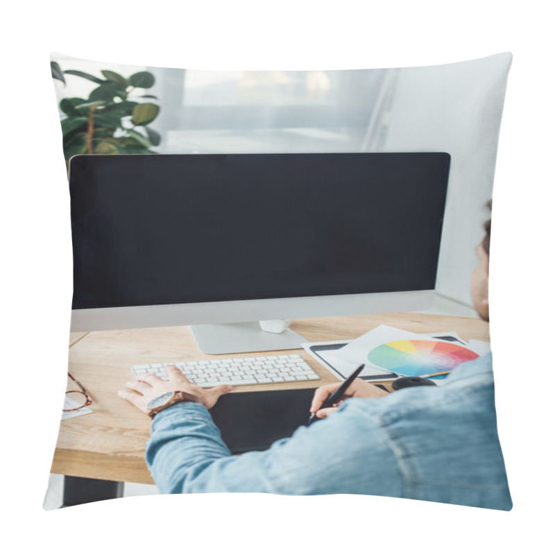 Personality  Back View Of Ux Designer Using Graphics Tablet And Computer Near Sketches On Table Pillow Covers