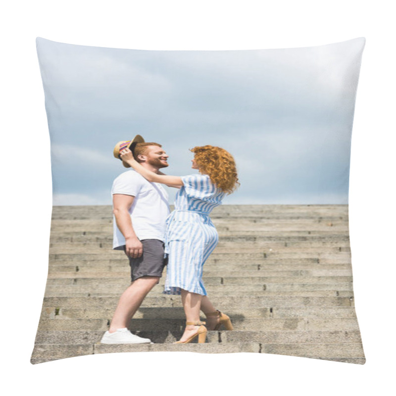 Personality  Attractive Redhead Woman Putting On Own Straw Hat On Boyfriends Head On Stairs  Pillow Covers