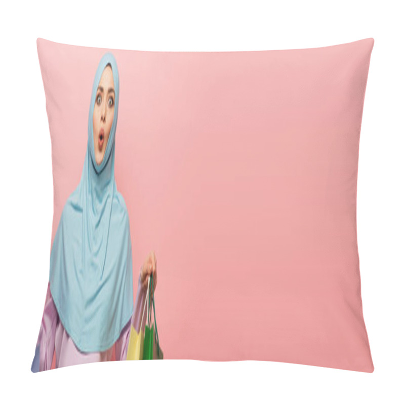 Personality  Thrilled Arabian Woman In Hijab Holding Purchases Isolated On Pink, Banner Pillow Covers