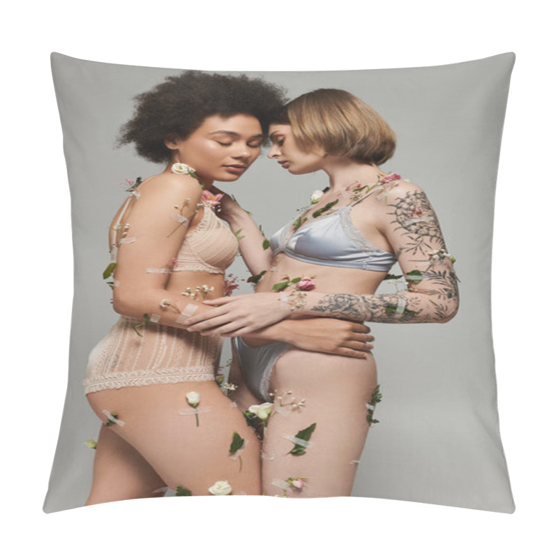 Personality  Two Women Share A Tender Embrace Adorned With Blooming Flowers. Pillow Covers