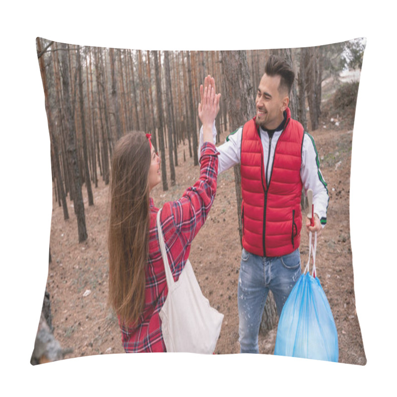 Personality  Happy Man With Trash Bag Giving High Five To Woman While Looking At Each Other In Forest Pillow Covers