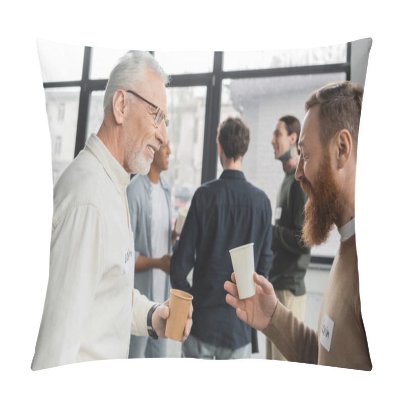 Personality  Smiling Men With Paper Cups Talking During Alcoholics Meeting In Recovery Center  Pillow Covers