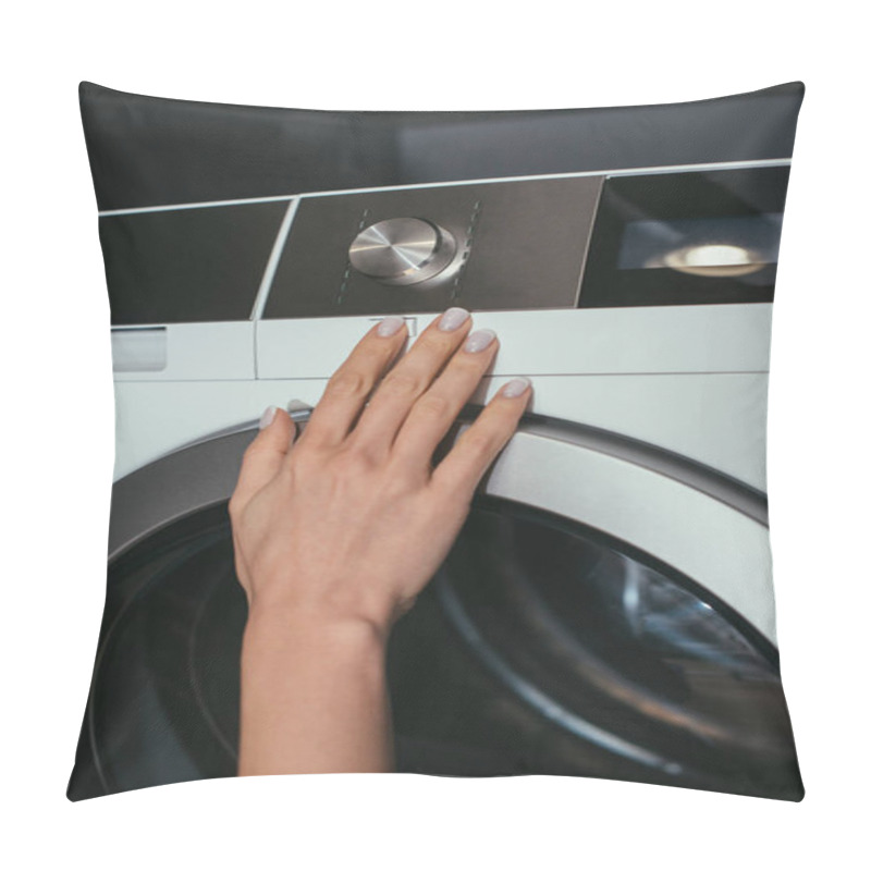 Personality  Cropped View Of Housewife Touching Control Panel Of Washing Machine Pillow Covers