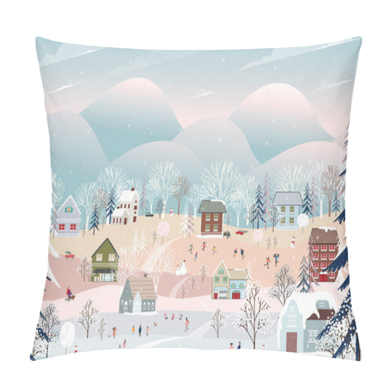 Personality  Winter Landscape With Snow Fallingon Christmas Night In Village,Vector Banner Cute Winter Wonderland In The Town With Happy People Celebration In The Park,Merry Christmas,New Year 2024 Card Background Pillow Covers