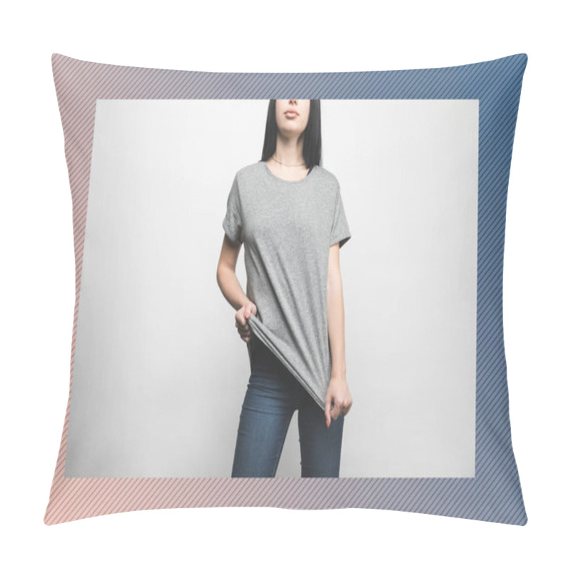 Personality  Young Woman In Blank Grey T-shirt On White With Creative Frame Pillow Covers