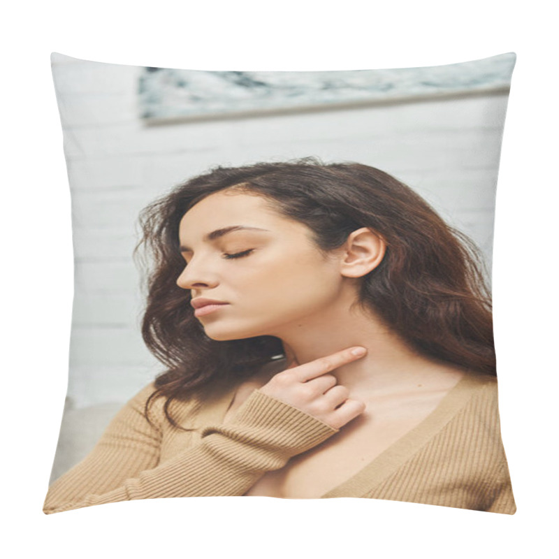 Personality  Young Brunette Woman In Casual Clothes Closing Eye While Doing Self-massage Of Thyroid Gland On Neck And Promoting Lymph Flow At Home, Self-care Ritual And Holistic Wellness Practices Concept Pillow Covers